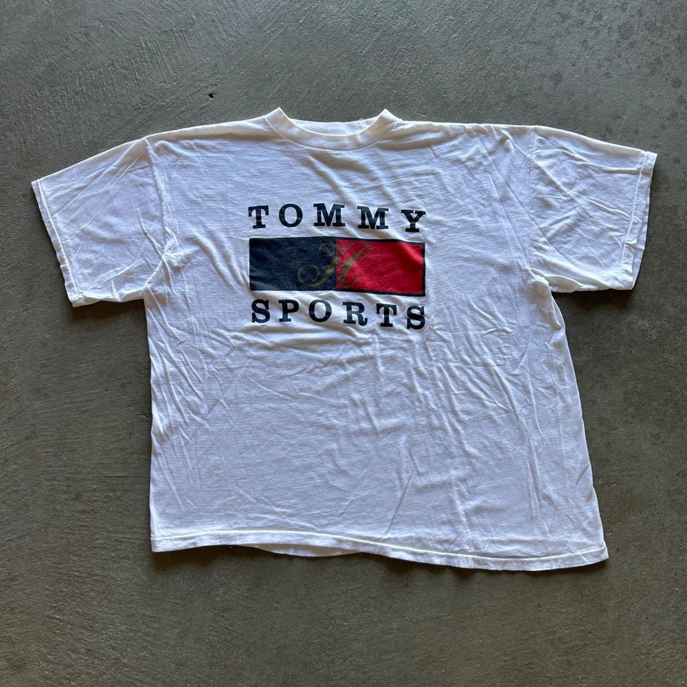 Vintage 90s Tommy Sports Shirt Size Large‎ White Tommy Hilfiger Graphic Boxy